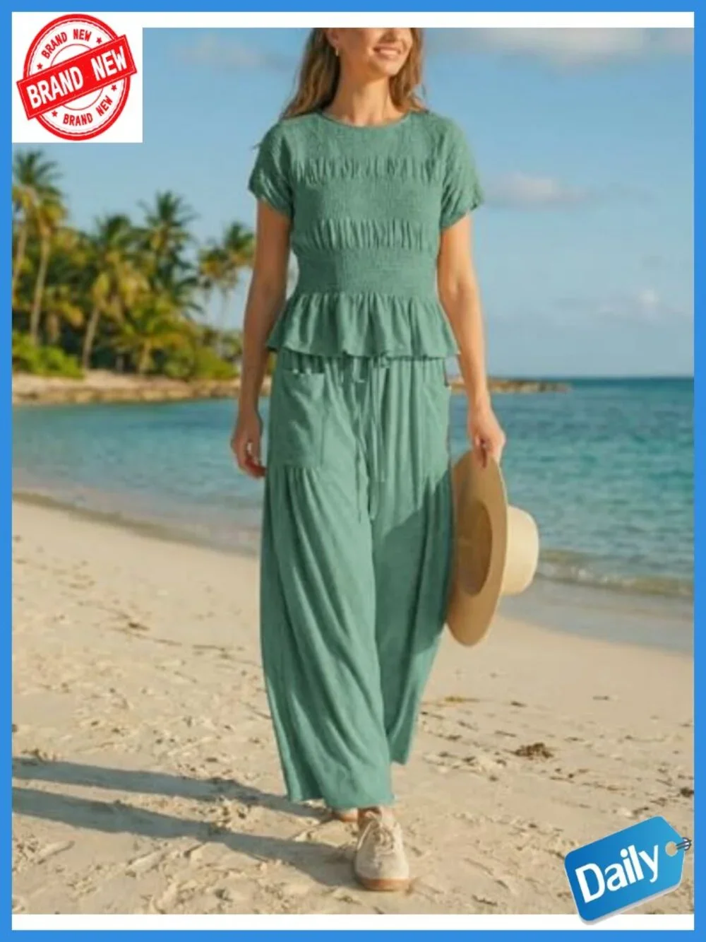 2 Piece Lounge Set Smocked Top Wide-Leg Pants with Pockets